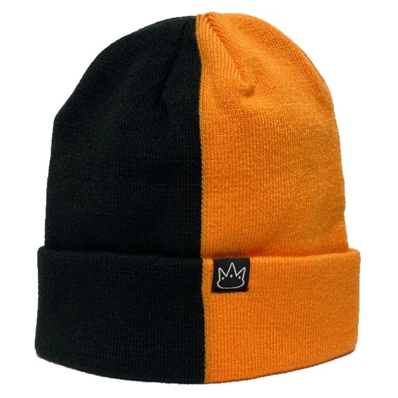 half balck and orange beanie hat cap